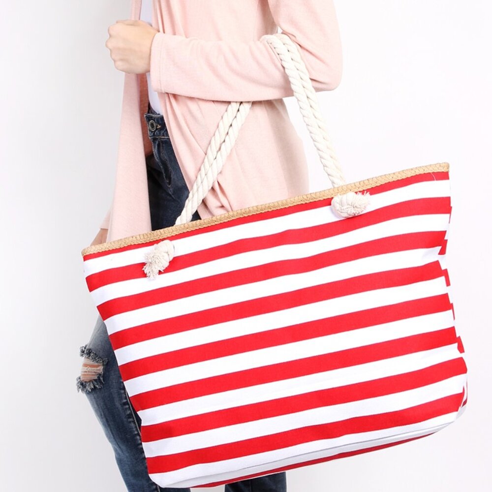 Riah Red & White Stripe Jumbo Beach Bag Tote